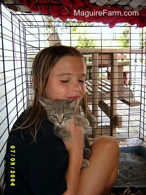 A girl inside of a dog crate hugging a little light gray kitten with a wooden glider swing outside of the crate on a stone porch. There is a litter box inside of the crate.