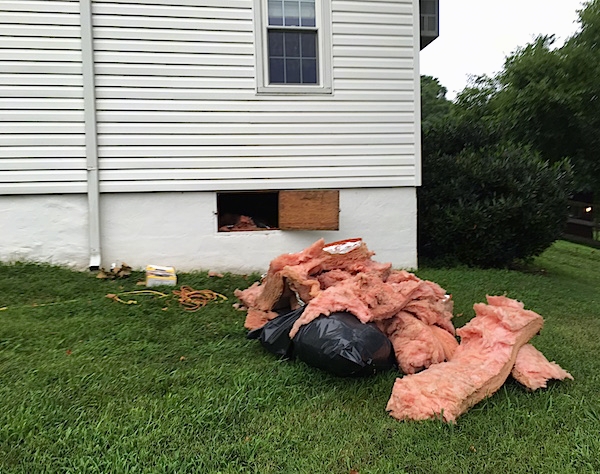 A big pile of pink fiberglass laying in a grassy yard next to an open white farm house crawl space door.