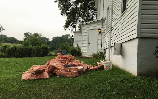 Side view - A big pile of pink fiberglass laying in a grassy yard next to an open white farm house crawl space door.