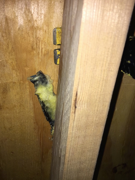 A crow bar prying out yellow fiberglass insulation that is stuck to black paper from behind a beam in a studded wall.