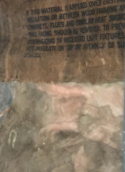 Moldy fiberglass insulation behind a wall with only part of it covered by moldy paper