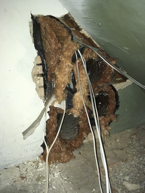 Close up - Four large black flex ducts with orange insulation hanging out of them poking out from inside of a wall up in an attic with gray blown in fiberglass sprinkled about on the floor where the boards were removed.