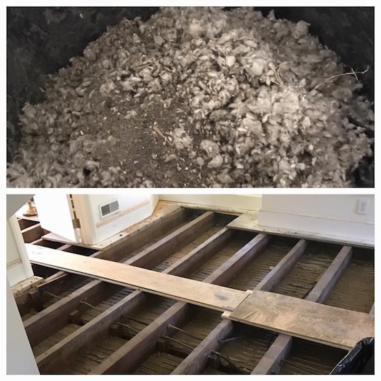 Collage of two images. The first image is of a pile of gray blown in fiberglass insulation. The bottom half of the image is an attic floor with the boards removed showing the grooves the fiberglass was once in.