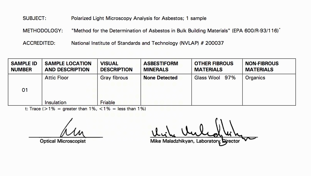 A screen shot of the lab results showing the attic floor has gray fibrous glass wool with no asbestiform.