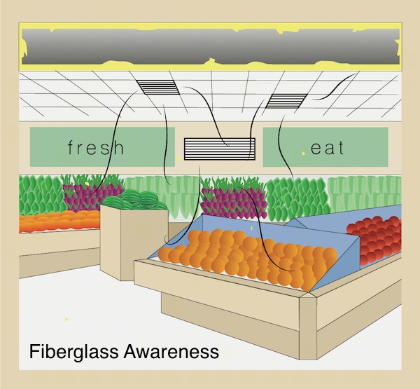 A grosery store produce section with oranges, apples, watermelon and other vegetables with fiberglass lined ductwork above showing bits of fiberglass coming out of the vent and landing all over the food.