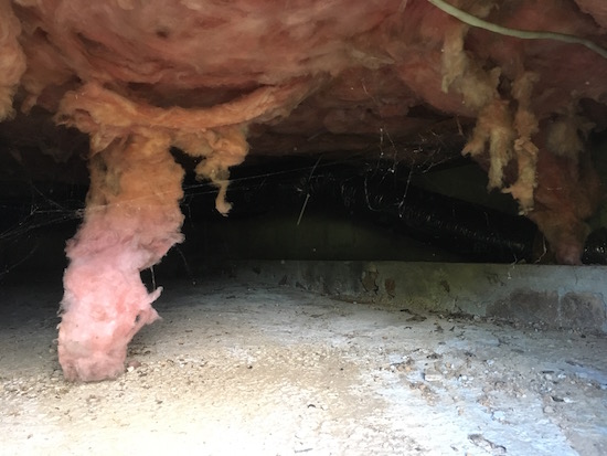 35 year old fiberglass insulation hanging down from the top of a crawl space in a farmhouse