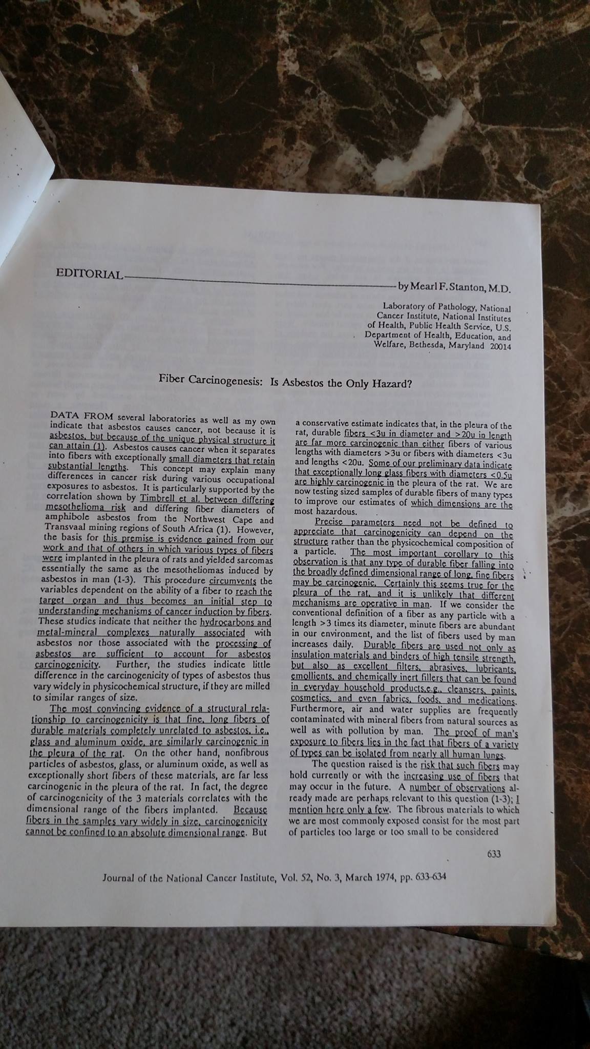 A picture of the Journal of the National Cancer Institute, Vol. 52, No.3, March 1974 page 633