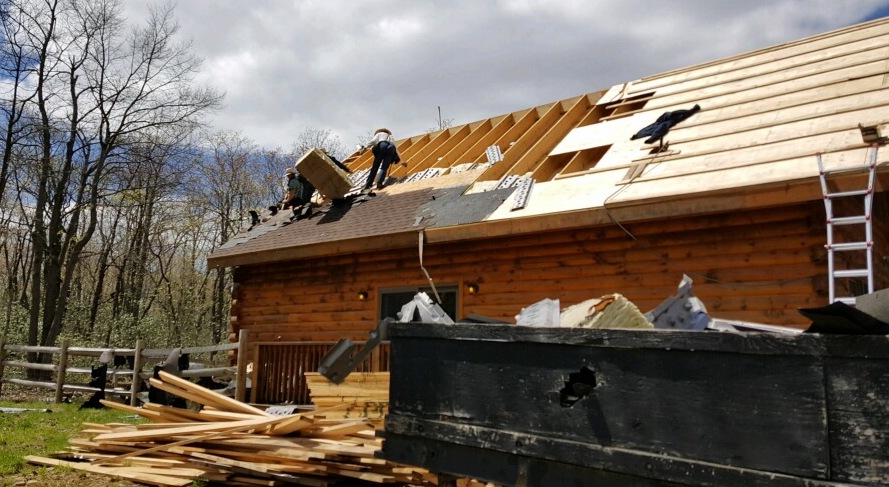 Amish men on the roof of a log cabin pulling out fiberglass batts from under the plywood. There is a dumpster in front of it that is full of fiberglass and wood and a pile of new wood next to the dumpster.