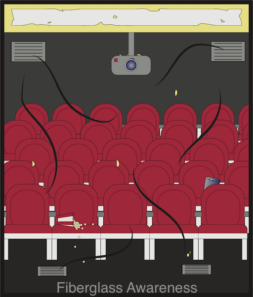 Red movie theater seats with popcorn spilled on the front seat and fiberglass lined ducts above with small pieces of glass floating around getting blown down on the seats.