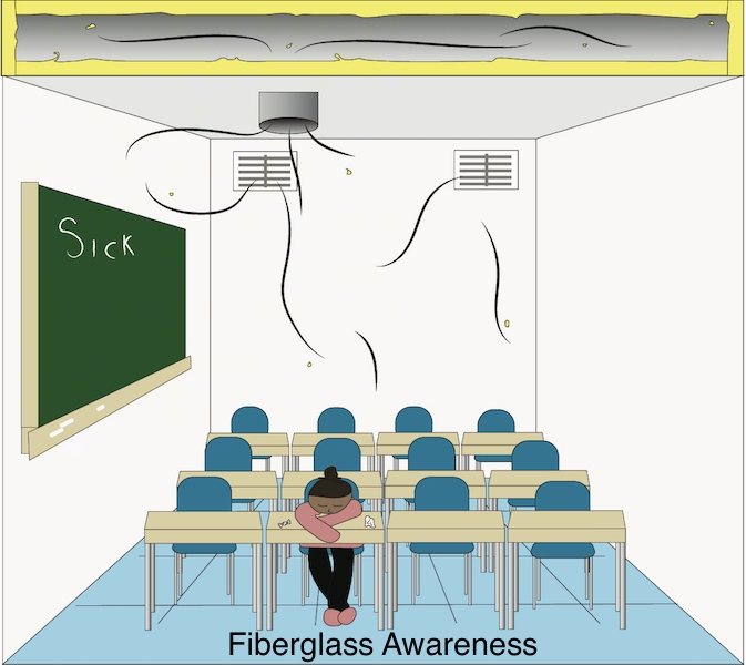 A school classroom with empty desks lined up in rows with one child in the front row with her head down not feeling well with tissues next to her. On the chalkboard to her left it says 'sick'. Above her are fiberglass lined ducts blowing bits of fiberglass into the air and on top of her head.