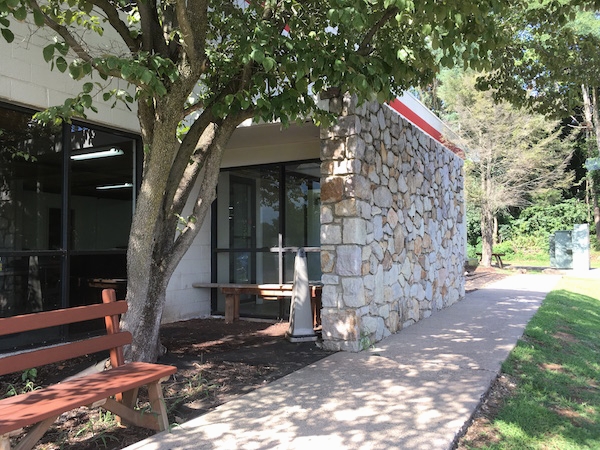 An outside view of a vestibule at a building