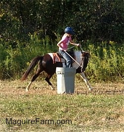 A girl in a pink shirt is circling a trash can on a brown and white pony