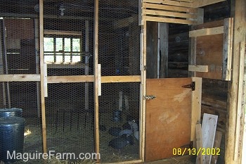 The guinea fowl are in there coop. The top half of the guinea coop door is open.