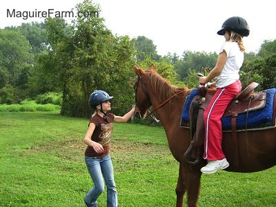 The blonde-haired girl in the blue helmet is leading the brown and white horse while the blonde haired girl in a white shirt and black helmet is riding it.