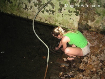 A blonde-haired girl in a green shirt is sticking her hands into the water of a springhouse